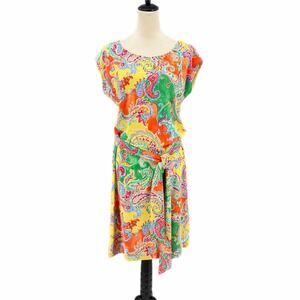 Lauren Ralph Lauren Jersey Multicolor Bright Paisley Short Sleeve Tie Chic Dress
